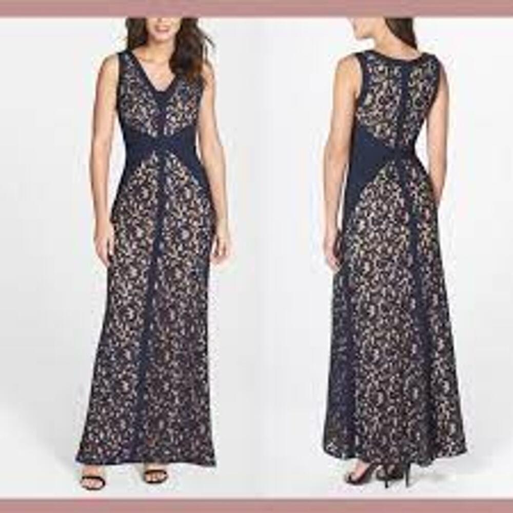 Tadashi Shoji Lace V Neck Gown Navy Full Length Illusion Pintuck Women 4